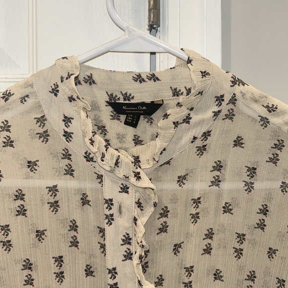 MASSIMO DUTTI Ivory Black Print Dress Shirt Blouse Button Down Ruffle Blouse L - Picture 2 of 8